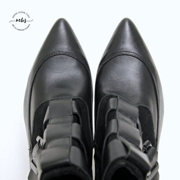 Texto Triple Buckles Leather Heeled Booties in Black Women Size 9 - Picture 11 of 15